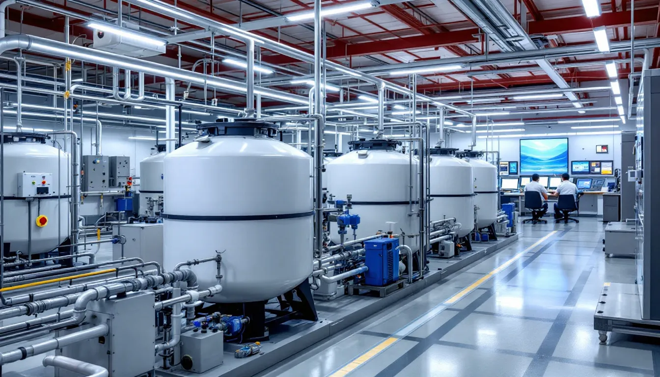 Industrial water treatment technologies and advanced water treatment systems shown inside a modern facility, featuring large filtration tanks, control panels, high-efficiency treatment systems, and technicians monitoring drinking water processing. The setup demonstrates comprehensive water treatment solutions designed to remove multiple contaminants and other contaminants through methods such as reverse osmosis, physical adsorption, activated alumina filtration, and filter media based on basic principles of how water passes through each stage. The system supports reduction of odor compounds, vinyl chloride, and various pollutants using molecular weight separation and hypochlorous acid disinfection to produce high quality water under favorable conditions for effective treatment.