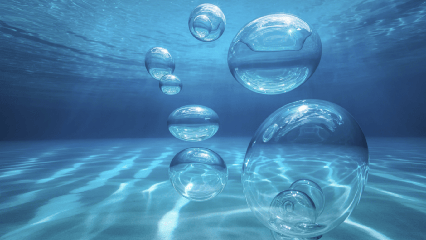 Clear air bubbles rising through blue water, illustrating the dissolved air flotation process used in DAF systems and DAF skids for wastewater clarification, solids separation, and oil and grease removal. This conceptual image represents whitewater generation inside a flotation tank for industrial wastewater treatment, sludge removal, and advanced clarification technologies like those provided by ProChem Water.