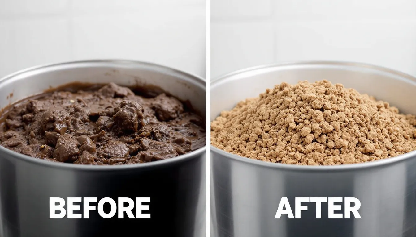 The image displays a before and after comparison of a dewatering system, illustrating the transformation of liquid sludge into a dry filter cake. The left side shows the thick, wet slurry, while the right side reveals the compact, solidified cake, highlighting the efficiency and effectiveness of the sludge dewatering process.