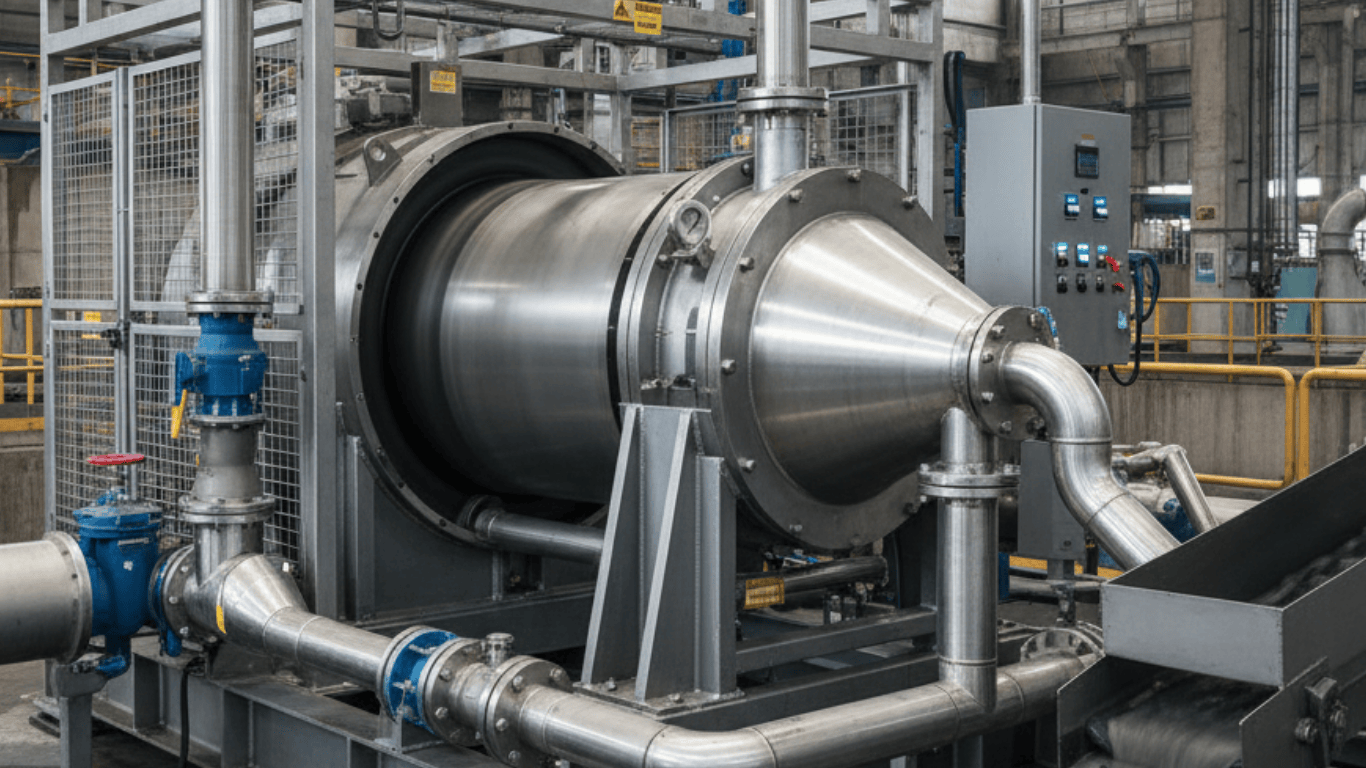 Industrial wastewater centrifuge used for sewage sludge thickening and dewatering in wastewater treatment plants. This decanter centrifuge separates solid material from liquid through centrifugal force, efficiently reducing sludge volume and treating municipal wastewater. The high-speed rotation and rapid cleaning cycle optimize energy consumption, minimizing disposal costs and polymer consumption. The centrifuge supports thickening technologies, reducing transportation costs and ensuring effective sludge dewatering. It offers significant energy savings, reduces fluid waste, and provides a cost-effective solution compared to other methods like filter presses and filter cloths. The cylindrical bowl and bowl wall design ensure maximum separation efficiency, making it a reliable choice for sludge dewatering and wastewater applications.