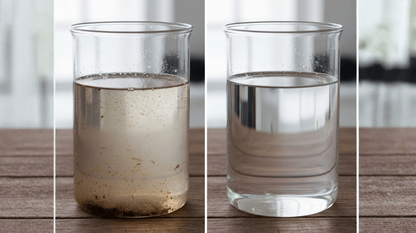 Before and after wastewater treatment for metals recovery, showcasing the removal of toxic heavy metal ions and other contaminants. The left image shows metal-contaminated wastewater, while the right illustrates treated water with high removal efficiency. This process utilizes techniques like ion exchange, chemical precipitation, and adsorption to recover valuable metals such as copper, nickel, and chromium. Industrial wastewater treatment plants employ methods like electrochemical oxidation, membrane separation, and sulfide precipitation to remove various metal ions, improving water quality and reducing energy consumption. Effective heavy metals removal helps protect human health and local ecosystems, offering cost savings and resource recovery.